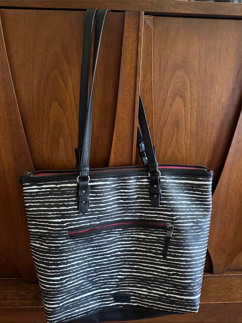 The Sak Black and White Striped Tote with Pink Zip Detail